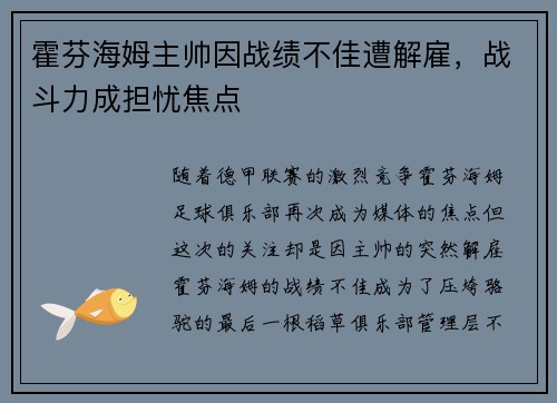 霍芬海姆主帅因战绩不佳遭解雇，战斗力成担忧焦点