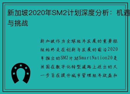 新加坡2020年SM2计划深度分析：机遇与挑战