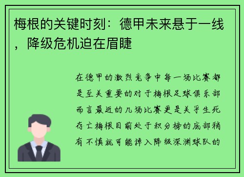 梅根的关键时刻：德甲未来悬于一线，降级危机迫在眉睫